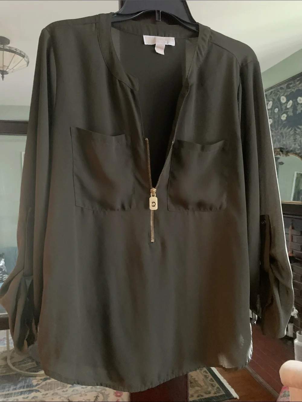 Michael Kors Olive Zip-Front Long Sleeve Blouse